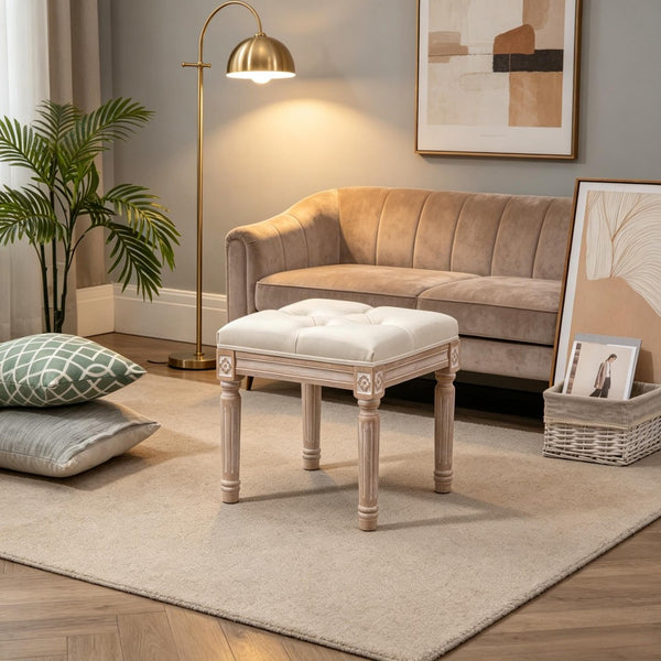 English Elm Elegant Tufted Vanity Stool with Carved Wood Legs Linen Upholstery Vintage Bench T3971P538658