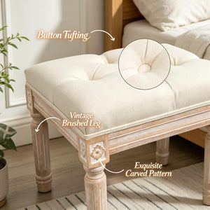 English Elm Elegant Tufted Vanity Stool with Carved Wood Legs Linen Upholstery Vintage Bench T3971P538658