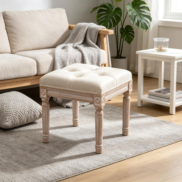 English Elm Elegant Tufted Vanity Stool with Carved Wood Legs Linen Upholstery Vintage Bench T3971P538658