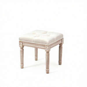 English Elm Elegant Tufted Vanity Stool with Carved Wood Legs Linen Upholstery Vintage Bench T3971P538658