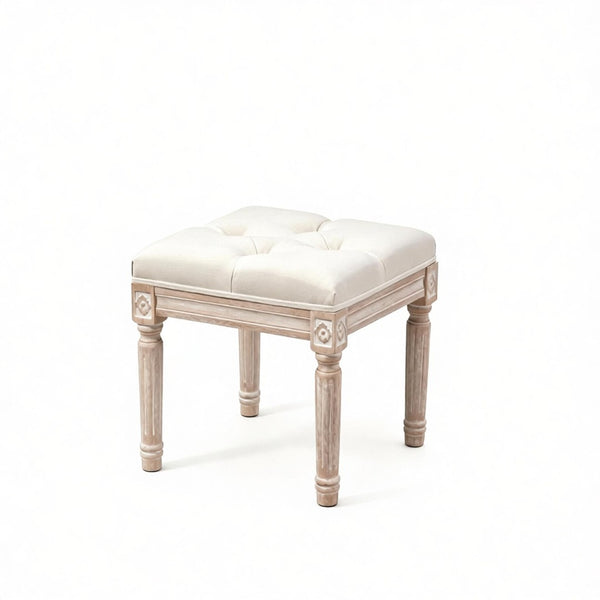 English Elm Elegant Tufted Vanity Stool with Carved Wood Legs Linen Upholstery Vintage Bench T3971P538658