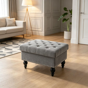 English Elm Elegant Tufted Linen Ottoman with Hidden Storage and Nailhead Trim for Any Room T3971P538684