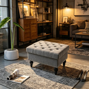 English Elm Elegant Tufted Linen Ottoman with Hidden Storage and Nailhead Trim for Any Room T3971P538684