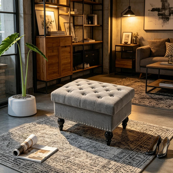 English Elm Elegant Tufted Linen Ottoman with Hidden Storage and Nailhead Trim for Any Room T3971P538684