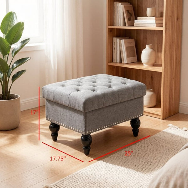 English Elm Elegant Tufted Linen Ottoman with Hidden Storage and Nailhead Trim for Any Room T3971P538684