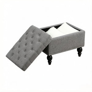 English Elm Elegant Tufted Linen Ottoman with Hidden Storage and Nailhead Trim for Any Room T3971P538684