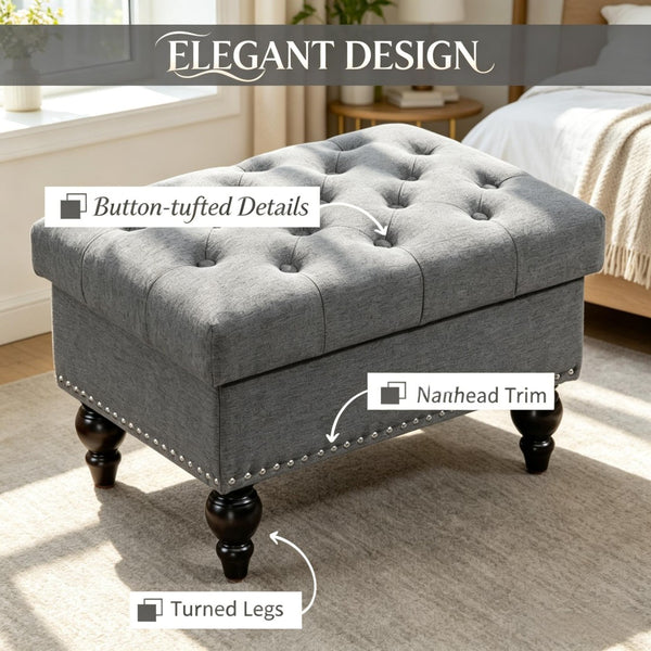 English Elm Elegant Tufted Linen Ottoman with Hidden Storage and Nailhead Trim for Any Room T3971P538684