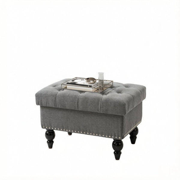 English Elm Elegant Tufted Linen Ottoman with Hidden Storage and Nailhead Trim for Any Room T3971P538684