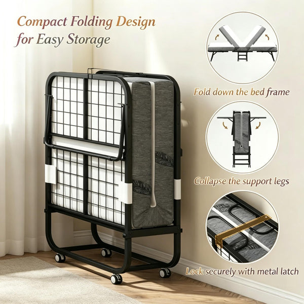 English Elm Compact Rollaway Guest Bed with Jacquard Cover Steel Frame and High Density Foam Mattress T3971P538720