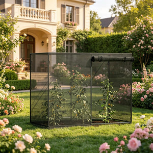 English Elm Outdoor Walk-In Crop Cage Steel Frame Garden Enclosure with HDPE Mesh and Zippered Door T3971P538781