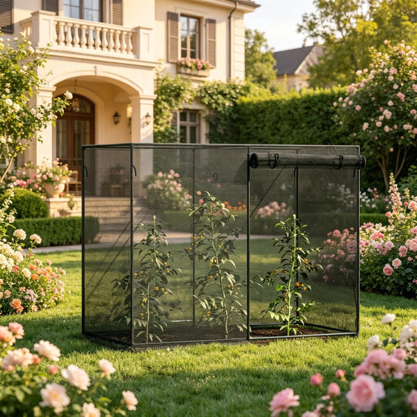 English Elm Outdoor Walk-In Crop Cage Steel Frame Garden Enclosure with HDPE Mesh and Zippered Door T3971P538781