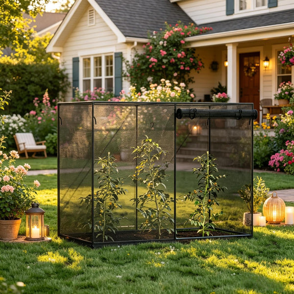 English Elm Outdoor Walk-In Crop Cage Steel Frame Garden Enclosure with HDPE Mesh and Zippered Door T3971P538781