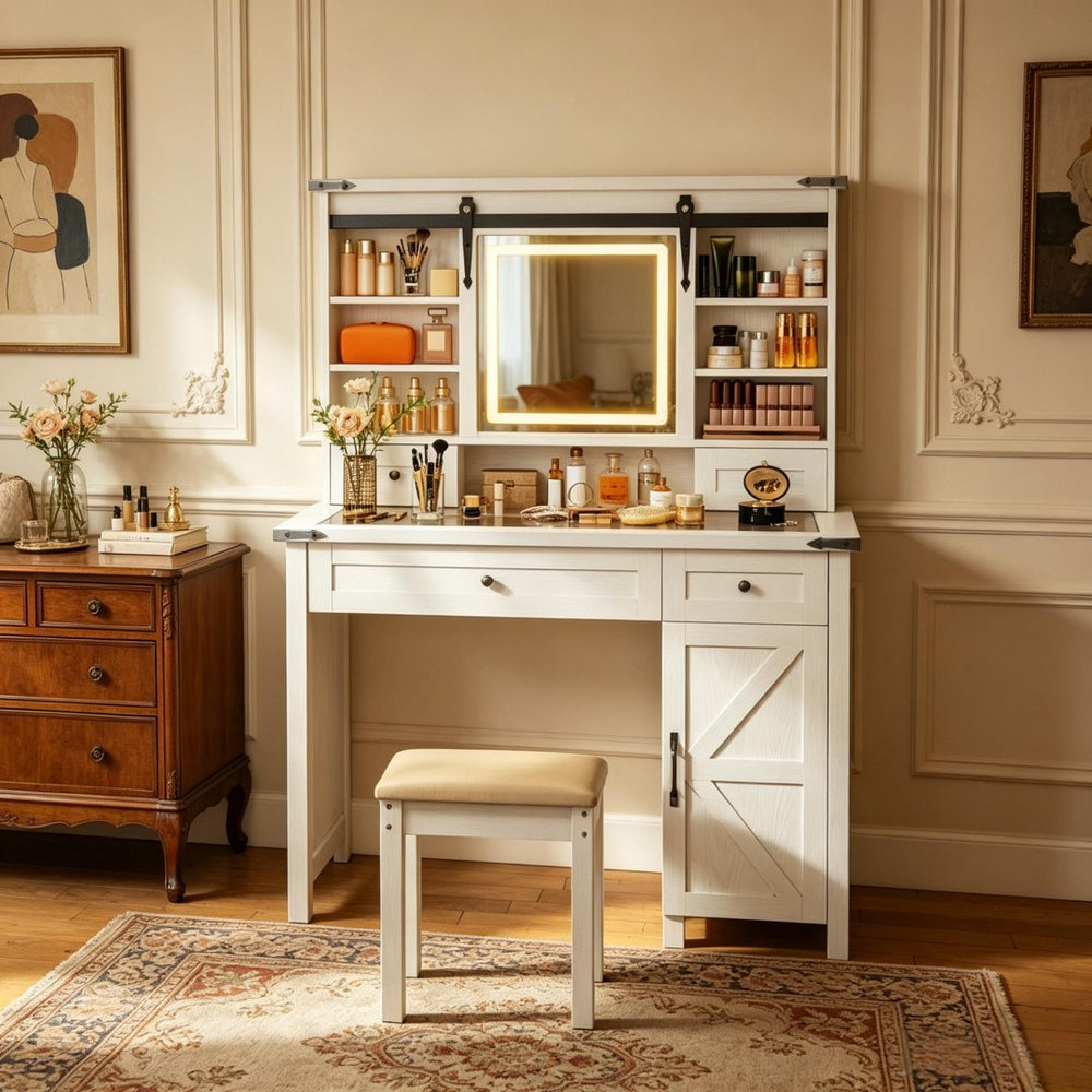English Elm Modern Farmhouse Vanity Set with Sliding Led Mirror Cushioned Stool and Tempered Glass Top T3971P539956