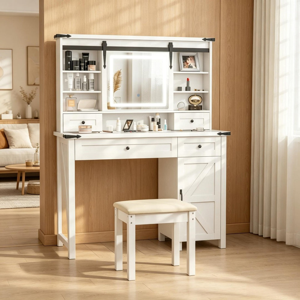 English Elm Modern Farmhouse Vanity Set with Sliding Led Mirror Cushioned Stool and Tempered Glass Top T3971P539956