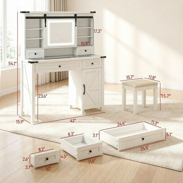 English Elm Modern Farmhouse Vanity Set with Sliding Led Mirror Cushioned Stool and Tempered Glass Top T3971P539956