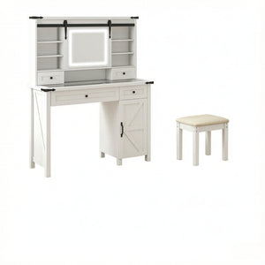 English Elm Modern Farmhouse Vanity Set with Sliding Led Mirror Cushioned Stool and Tempered Glass Top T3971P539956