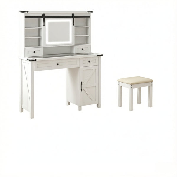 English Elm Modern Farmhouse Vanity Set with Sliding Led Mirror Cushioned Stool and Tempered Glass Top T3971P539956