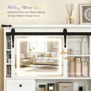 English Elm Modern Farmhouse Vanity Set with Sliding Led Mirror Cushioned Stool and Tempered Glass Top T3971P539956