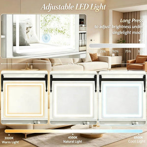 English Elm Modern Farmhouse Vanity Set with Sliding Led Mirror Cushioned Stool and Tempered Glass Top T3971P539956