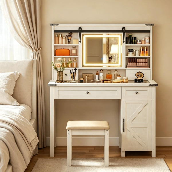 English Elm Modern Farmhouse Vanity Set with Sliding Led Mirror Cushioned Stool and Tempered Glass Top T3971P539956