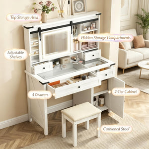 English Elm Modern Farmhouse Vanity Set with Sliding Led Mirror Cushioned Stool and Tempered Glass Top T3971P539956