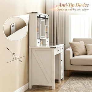 English Elm Modern Farmhouse Vanity Set with Sliding Led Mirror Cushioned Stool and Tempered Glass Top T3971P539956