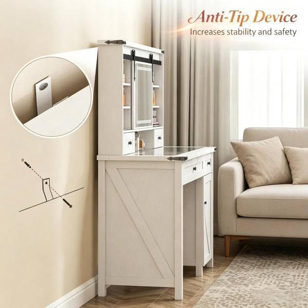 English Elm Modern Farmhouse Vanity Set with Sliding Led Mirror Cushioned Stool and Tempered Glass Top T3971P539956