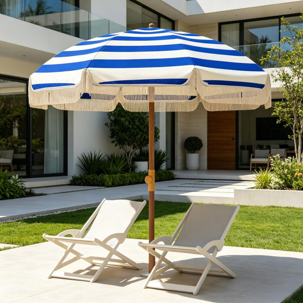 English Elm Outdoor Beach Umbrella Uv40 Plus Vented Canopy Striped Fringed Portable Sand Stake T3971P540106