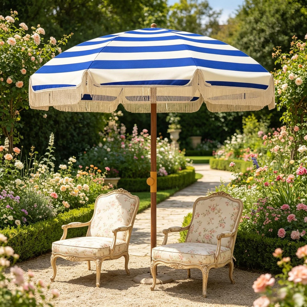 English Elm Outdoor Beach Umbrella Uv40 Plus Vented Canopy Striped Fringed Portable Sand Stake T3971P540106