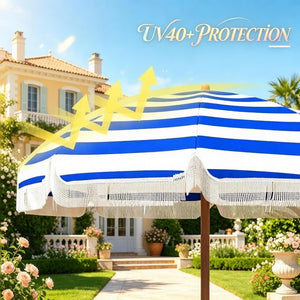 English Elm Outdoor Beach Umbrella Uv40 Plus Vented Canopy Striped Fringed Portable Sand Stake T3971P540106