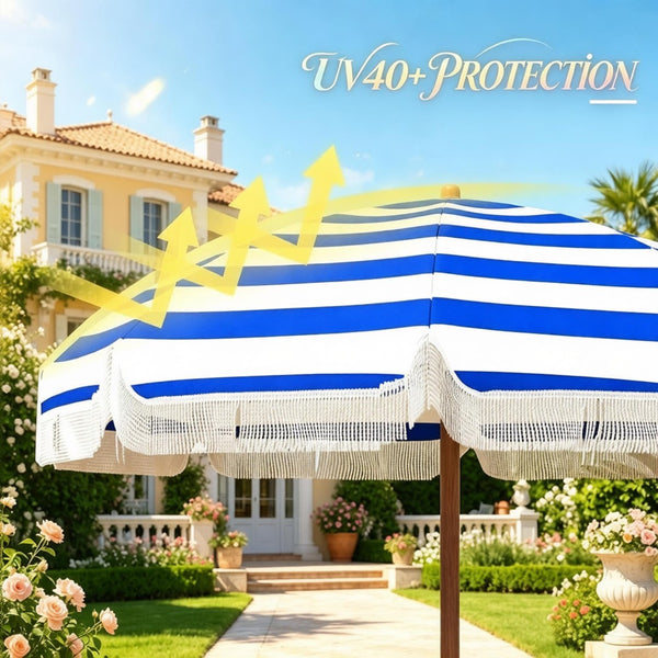 English Elm Outdoor Beach Umbrella Uv40 Plus Vented Canopy Striped Fringed Portable Sand Stake T3971P540106