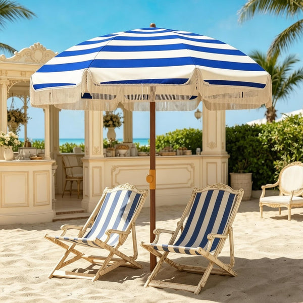 English Elm Outdoor Beach Umbrella Uv40 Plus Vented Canopy Striped Fringed Portable Sand Stake T3971P540106