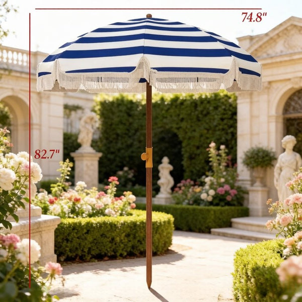 English Elm Outdoor Beach Umbrella Uv40 Plus Vented Canopy Striped Fringed Portable Sand Stake T3971P540106
