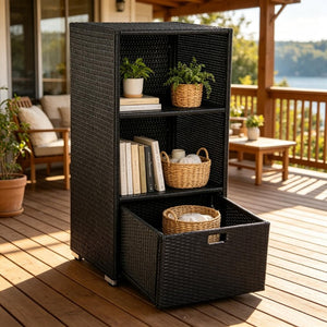 English Elm Freestanding Outdoor Wicker Storage Cabinet with Open Shelves and Drawer for Pool Decks T3971P540121