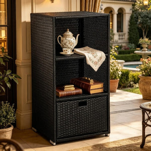 English Elm Freestanding Outdoor Wicker Storage Cabinet with Open Shelves and Drawer for Pool Decks T3971P540121