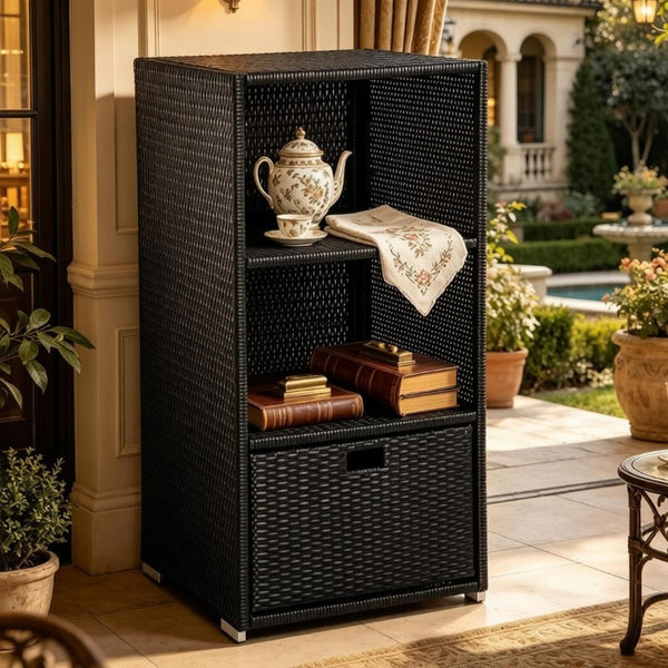 English Elm Freestanding Outdoor Wicker Storage Cabinet with Open Shelves and Drawer for Pool Decks T3971P540121