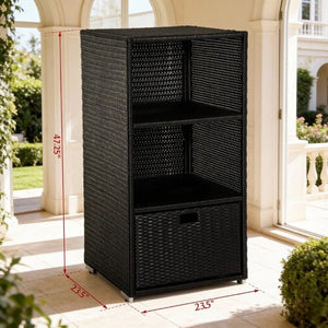 English Elm Freestanding Outdoor Wicker Storage Cabinet with Open Shelves and Drawer for Pool Decks T3971P540121
