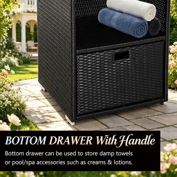 English Elm Freestanding Outdoor Wicker Storage Cabinet with Open Shelves and Drawer for Pool Decks T3971P540121
