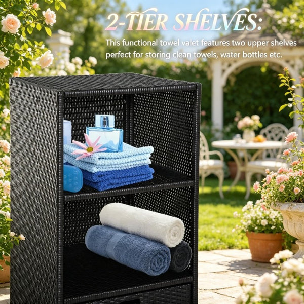 English Elm Freestanding Outdoor Wicker Storage Cabinet with Open Shelves and Drawer for Pool Decks T3971P540121