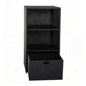 English Elm Freestanding Outdoor Wicker Storage Cabinet with Open Shelves and Drawer for Pool Decks T3971P540121