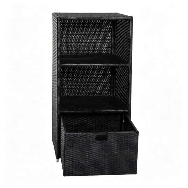 English Elm Freestanding Outdoor Wicker Storage Cabinet with Open Shelves and Drawer for Pool Decks T3971P540121