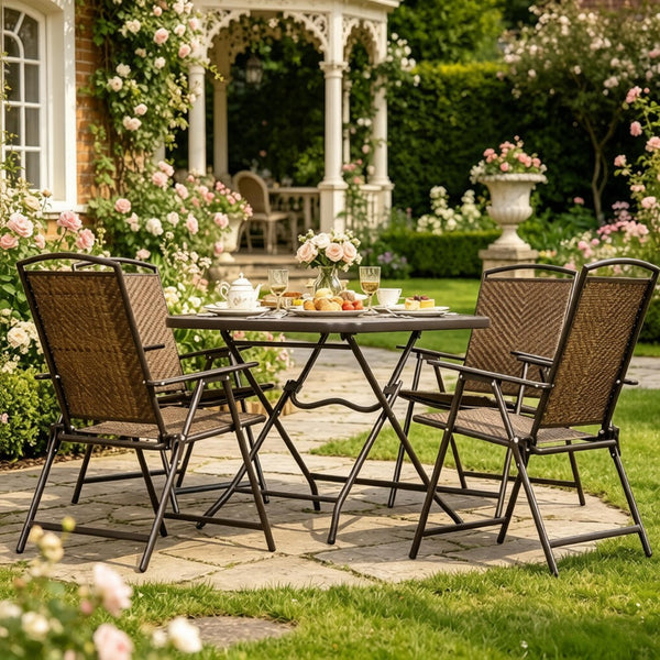 English Elm Space-saving Five Piece Wicker Patio Set with Foldable Chairs and Glass Top Table T3971P540124