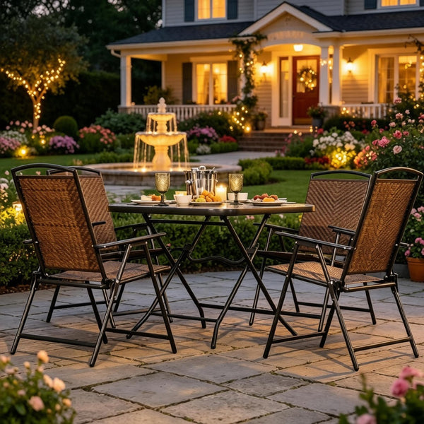 English Elm Space-saving Five Piece Wicker Patio Set with Foldable Chairs and Glass Top Table T3971P540124
