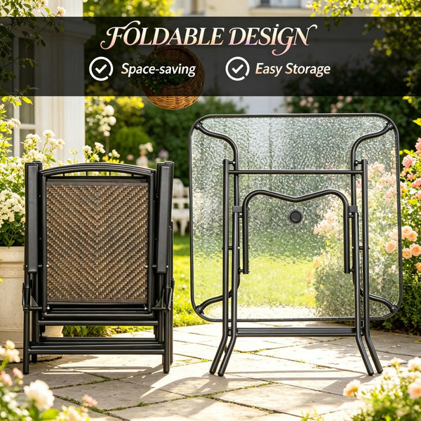 English Elm Space-saving Five Piece Wicker Patio Set with Foldable Chairs and Glass Top Table T3971P540124