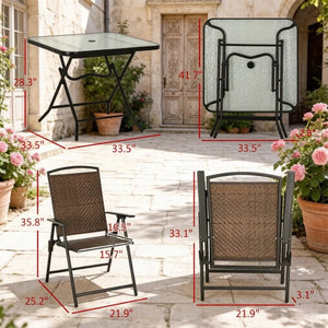 English Elm Space-saving Five Piece Wicker Patio Set with Foldable Chairs and Glass Top Table T3971P540124