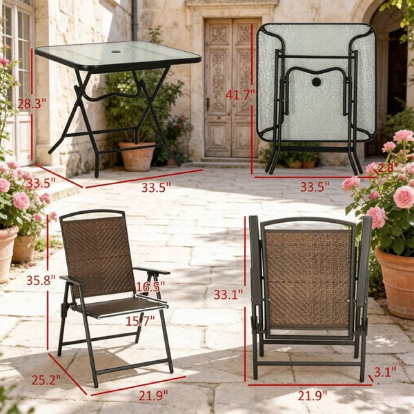 English Elm Space-saving Five Piece Wicker Patio Set with Foldable Chairs and Glass Top Table T3971P540124