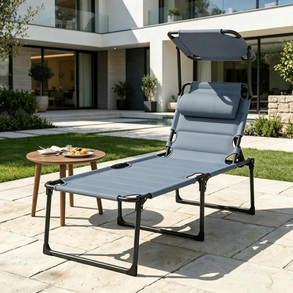 English Elm Foldable Outdoor Reclining Chaise Lounger with Sun Canopy and Oxford Fabric Seat T3971P540159