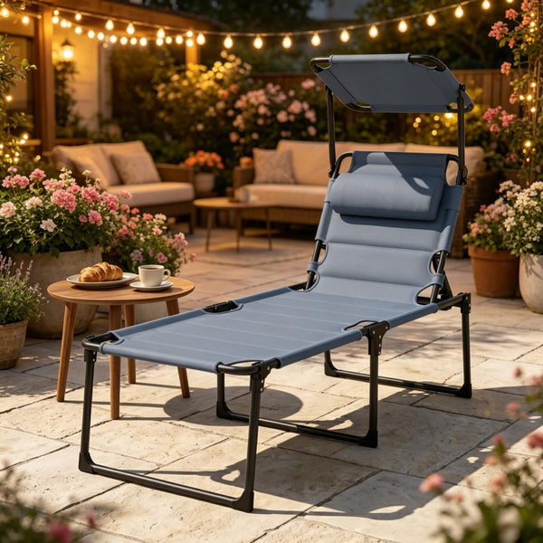 English Elm Foldable Outdoor Reclining Chaise Lounger with Sun Canopy and Oxford Fabric Seat T3971P540159