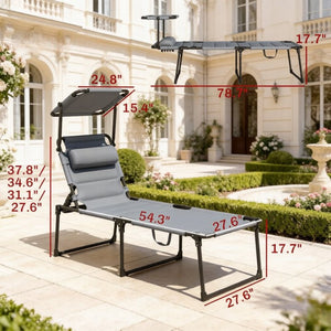English Elm Foldable Outdoor Reclining Chaise Lounger with Sun Canopy and Oxford Fabric Seat T3971P540159