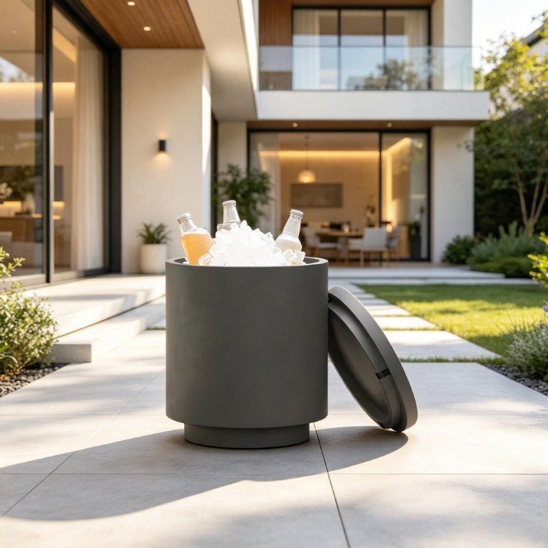 English Elm Small Concrete Finish Outdoor Side Table with Stainless Steel Ice Bucket for Patio Poolside T3971P541162